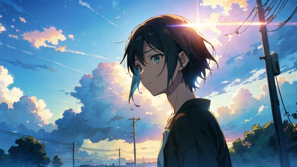 summer, Makoto Shinkai, Concept Art, tumbler, Magic realism, Beautiful anime scene, Beautiful sky. by Makoto Shinkai, ( ( Makoto Shinkai ) ), Anime Background Art, Anime Background, Makoto Shinkai, style, Anime movie background, Galaxy Express, No humans, summer blue sky, blue sky