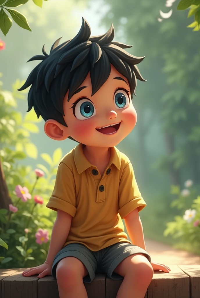 young boy in his 11s was sitting cheerfully. He had short black hair with cute features. His blue eyes were scanning every