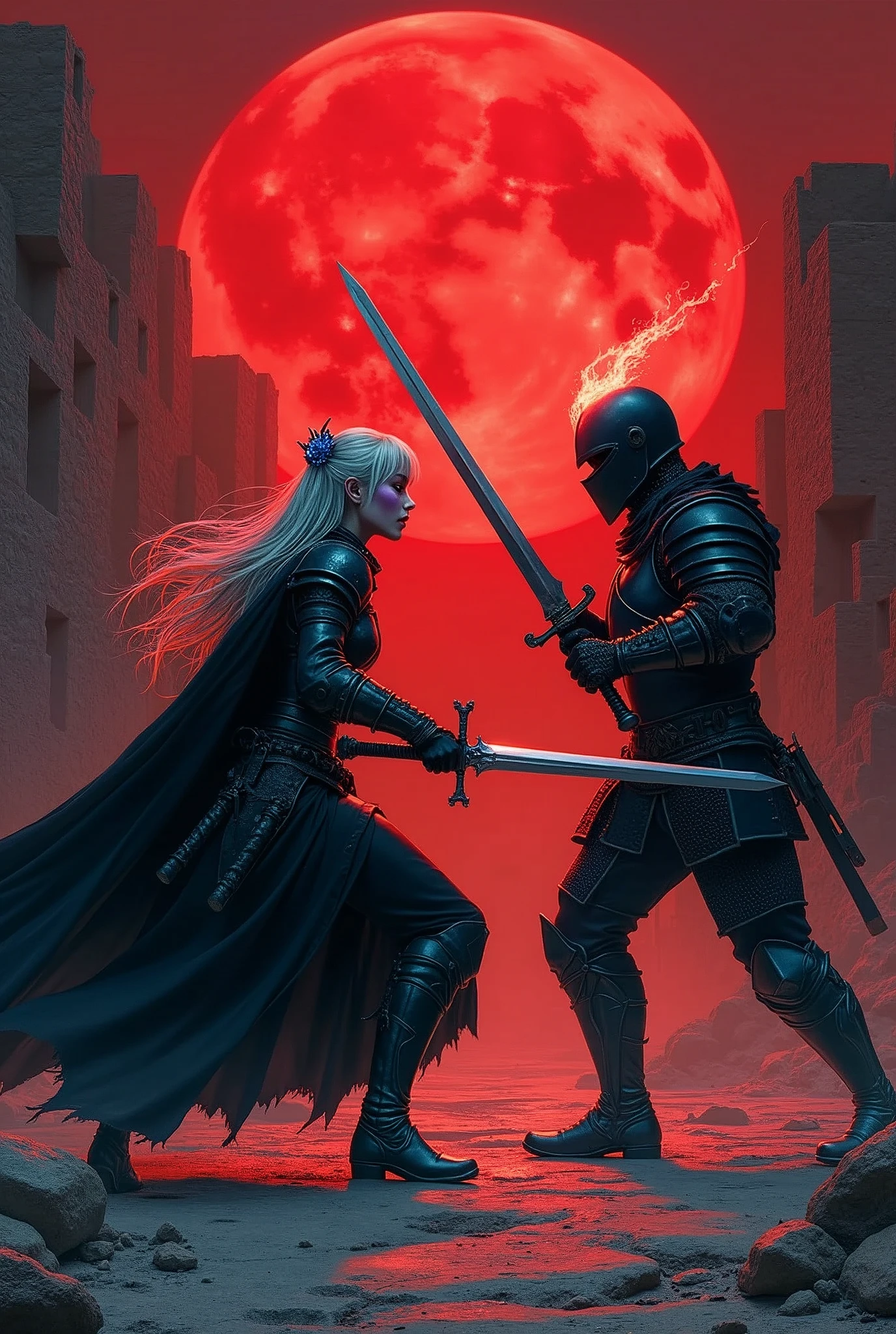 (super detailed faces, averted eyes, fantasy illustrations with gothic, ukiyoe, and comic art, rich colors), BREAK (this is a "city of ashes" in ruins. It was once a medieval European-style fortified city. Red moonlight illuminates the ruined earth); BREAK (Dark Elf: middle-aged Dark Elf woman with silver hair, blunt bangs, very long messy hair, dark purple skin, and lavender eyes); BREAK (Dark Elf female warrior wearing blue jeweled hair ornament and copper armor); BREAK ( ArmoredSoldier: medieval European style black helmet, black armor, black cloak, carrying a red-hot greatsword), BREAK (female dark elf warrior on screen left and dark knight on screen right facing each other in red moonlight in a fighting stance with swords at the ready) (a female dark elf warrior holds a slender long sword at an angle, roars, and assumes a bold pose, lowering her posture and swinging the sword horizontally); BREAK (a male knight with his back to the viewer, spitting terrible red flames from his black helmet and striking a bold pose with a large sword swinging down from above at the female dark elf.)
