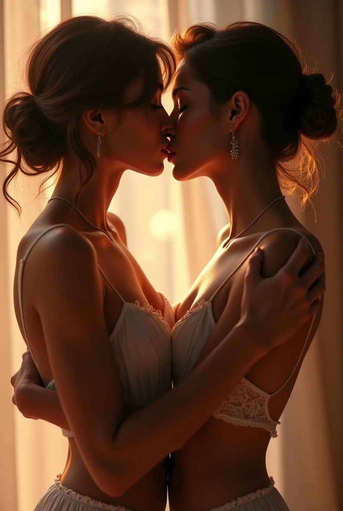 Two women kissing each other on the mouth lip to lip in a passionate kiss