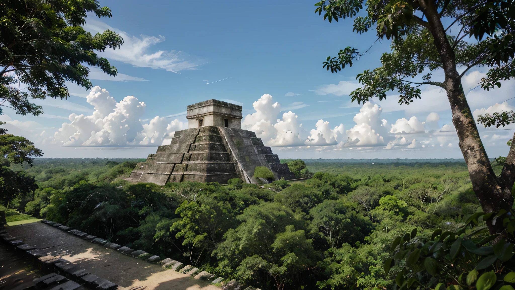 Create a scene of Tikal, the lost Mayan city, emerging from the jungle with its towering pyramids and temples.