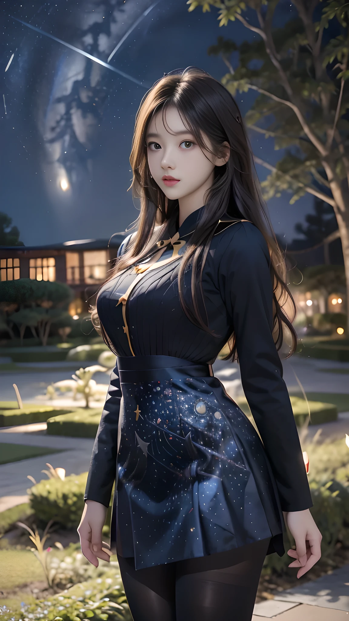 ulzzang-6500-v1.1, (RAW photo: 1.2), (Real photo), (Real photo: 1.4), 1 girl、Perfect anatomy、19 years old、Looking at the camera、Medium length hair、uniform dress, in a surreal royal garden, under the starry night, ((starry night: 1.1))、(Surreal tights: 1.2), (Business service)、Asian eyes Ella,