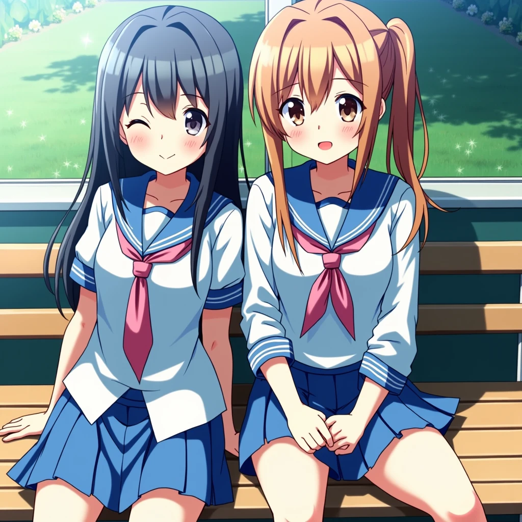 masterpiece, Highest quality, (Two beautiful girls :1.2), uniform, Get along、afternoon nap、art、Warm sunshine