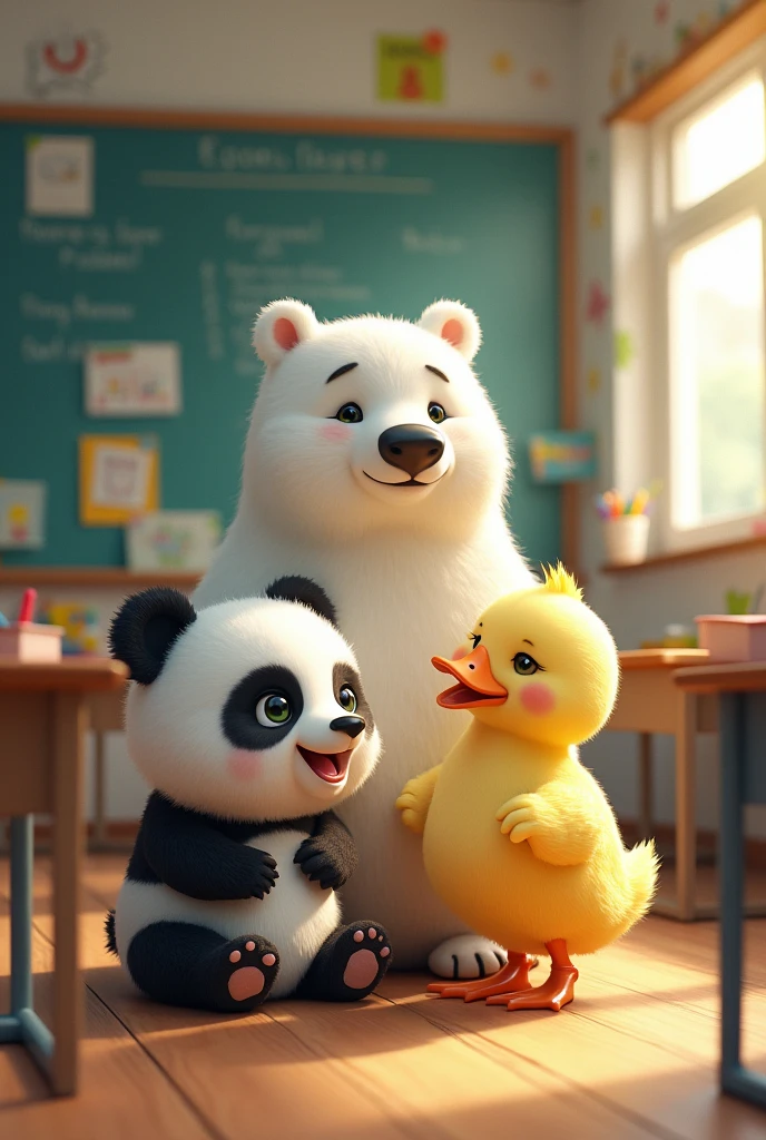 Just a panda bear With a duck and a polar bear at school