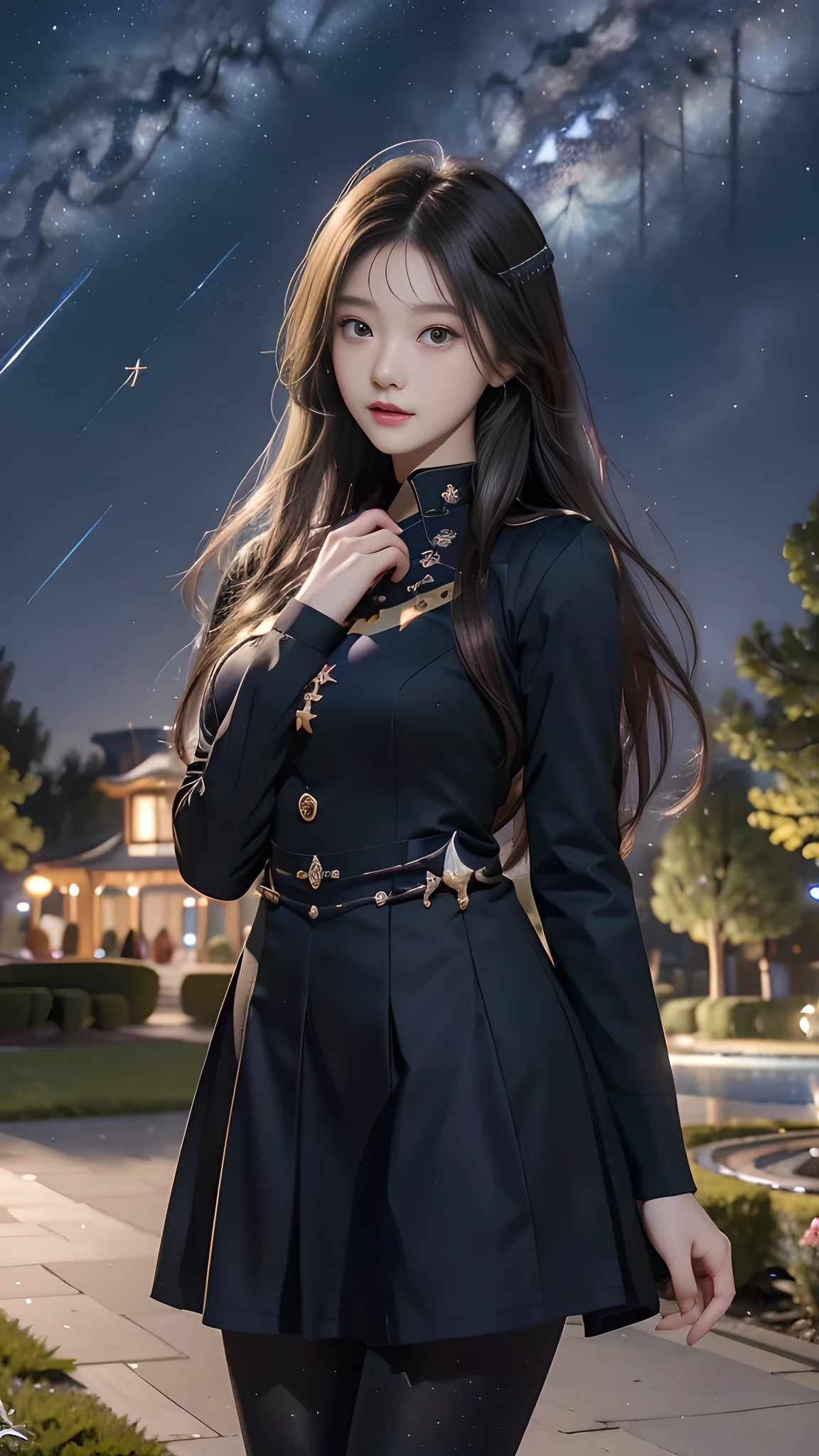 ulzzang-6500-v1.1, (RAW photo: 1.2), (Real photo), (Real photo: 1.4), 1 girl、Perfect anatomy、19 years old、Looking at the camera、Medium length hair、uniform dress, in a surreal royal garden, under the starry night, ((starry night: 1.1))、(Surreal tights: 1.2), (Business service)、Asian eyes Ella,