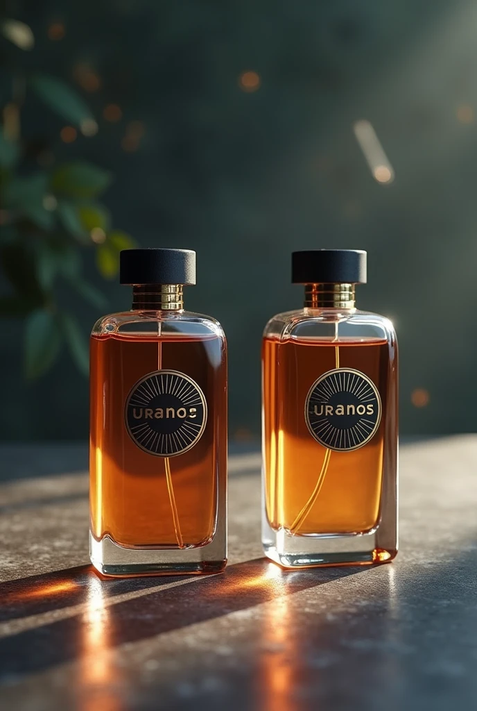 two realistic perfume bottles with logo with the name uranos a unique design in several different positions and angles as if it were in a magazine. create a background scenario.
