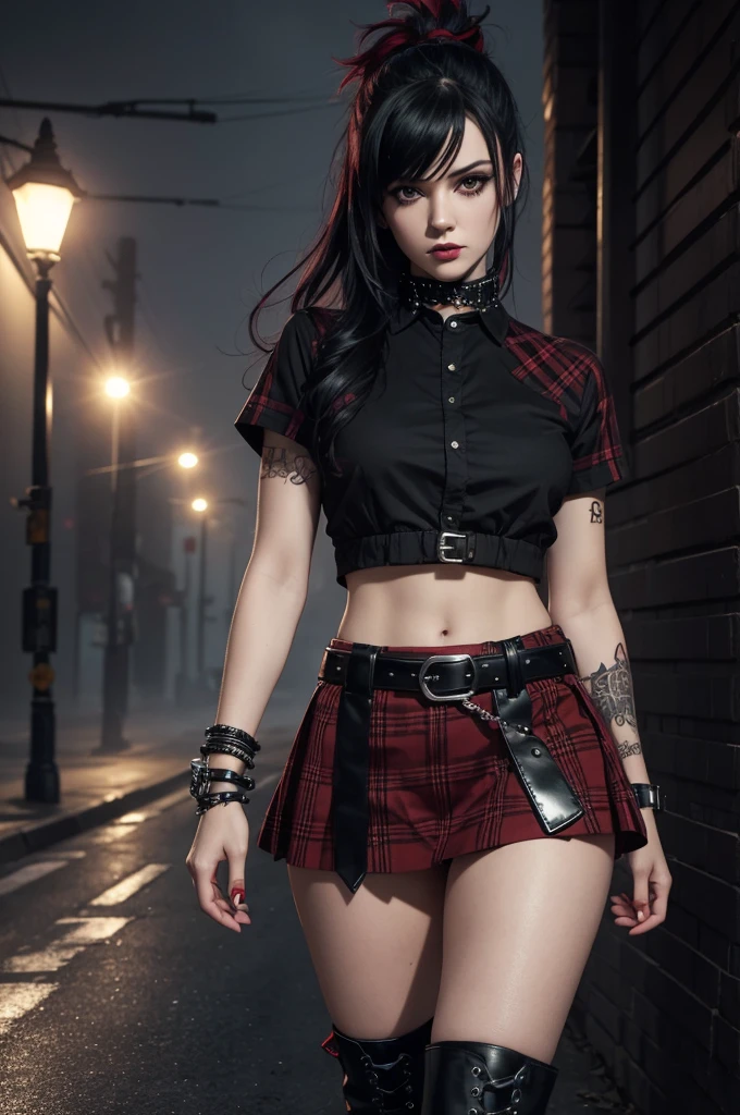 (Best quality,4K,8K,High Definition,masterpiece:1.2),ultra detailed,(realistic,photorealistic,photo-realistic:1.37), small hips,beautiful gothic girl with black hair and side bangs dyed dark red, with a short shirt, with a black and red plaid skirt, with black boots, with a punk bracelet and a punk belt, in full length, on a foggy night streetHigh resolution, full detailed, better image quality, Believe me a beautiful goth girl, who has black hair with Half-sided bangs painted dark red, with a short shirt that shows the man, with a black and red plaid skirt, with black boots, with a punk style bracelet, and the punk style belt, full body, on a foggy night street