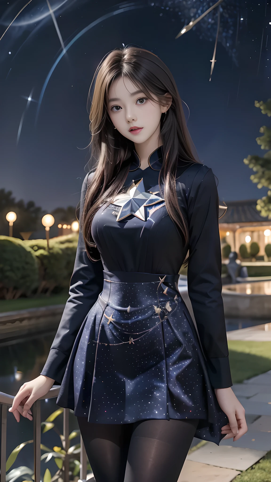 ulzzang-6500-v1.1, (RAW photo: 1.2), (Real photo), (Real photo: 1.4), 1 girl、Perfect anatomy、19 years old、Looking at the camera、Medium length hair、uniform dress, in a surreal royal garden, under the starry night, ((starry night: 1.1))、(Surreal tights: 1.2), (Business service)、Asian eyes Ella,
