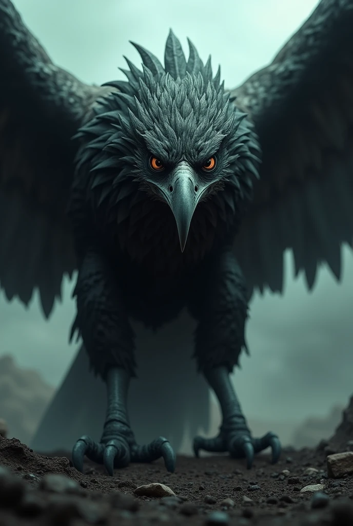 Create an image of a threatening and murderous looking bird that wants revenge against humanity and causes fear in people.