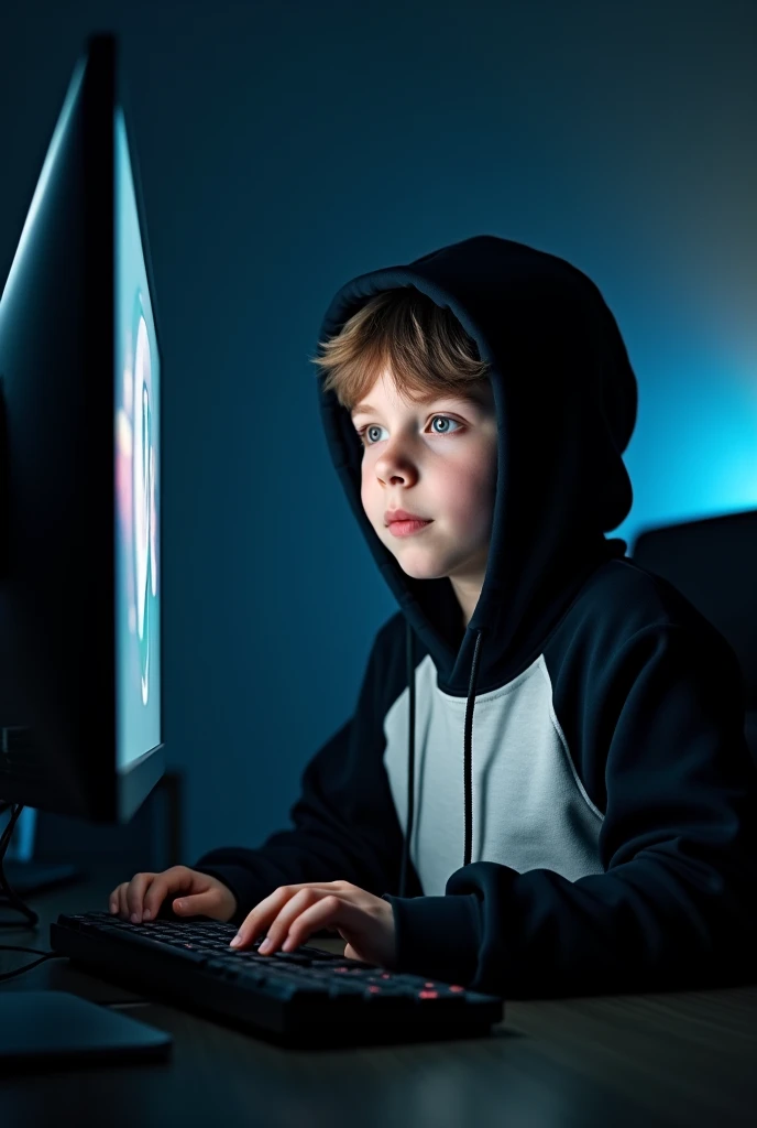 I need a boy pic wearing black and white hoodie when using 2 monitor set up computer