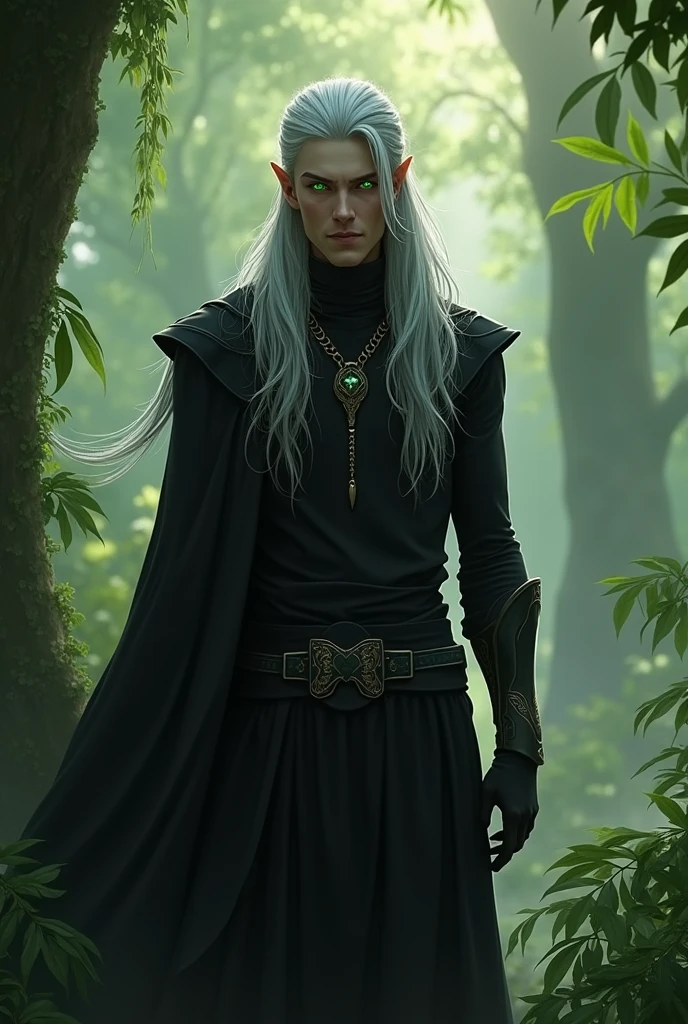 Create an image of a male wood elf of the ranger class in black clothing. He has long silver hair that falls softly over his shoulders and piercing green eyes that reflect his deep connection with the forest.