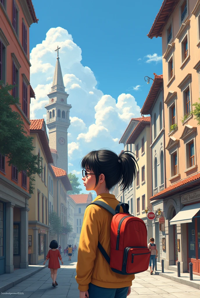 Europe, a black-haired girl with glasses, normal build, medium-white skin and a backpack
