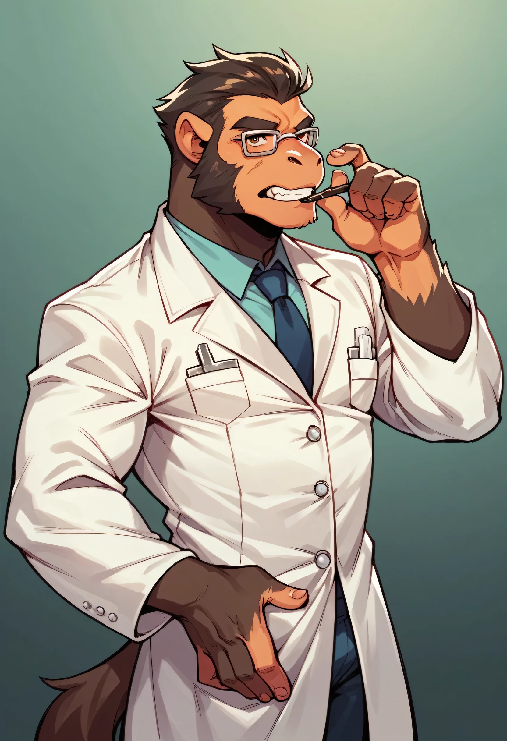 Mature black anthropomorphic ape, with doctor's coat and glasses