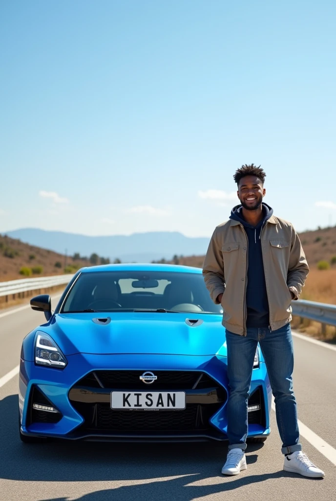A 24 years black boy park him  nisan blue colour car in highways and he ready to take a photo with car. And tha car number plate have a name the name is "KISAN"