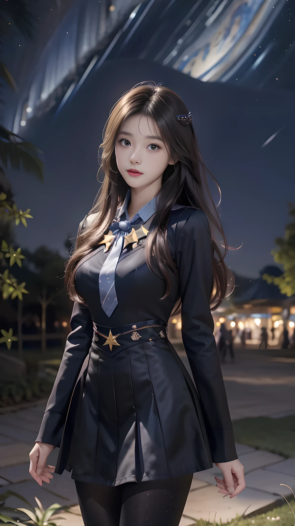 ulzzang-6500-v1.1, (RAW photo: 1.2), (Real photo), (Real photo: 1.4), 1 girl、Perfect anatomy、19 years old、Looking at the camera、Medium length hair、uniform dress, skirt, in a surreal royal garden, under the starry night, ((starry night: 1.1))、(Surreal tights: 1.2), (Business service)、Asian eyes Ella,