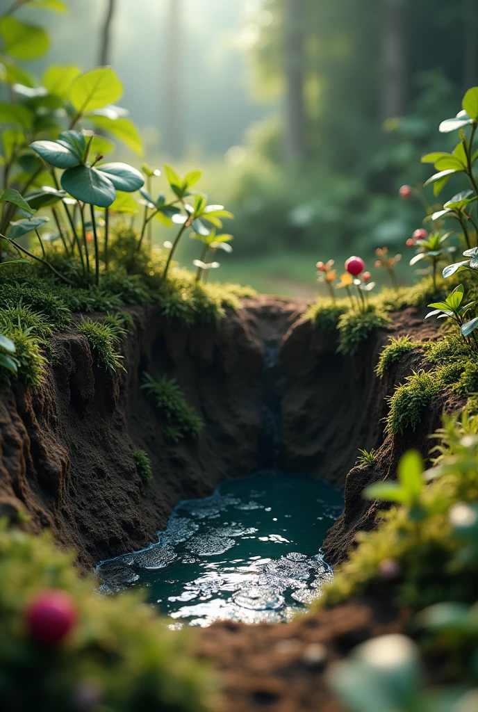 photorealistic shot of natural terrain with dug a hole, Closed in Petri dish, masterpiece, ultra high resolution, (photorealistic:1.4), cinema lighting, incredibly detailed, Hyper realistic, intricate design, fine details, Octane rendering