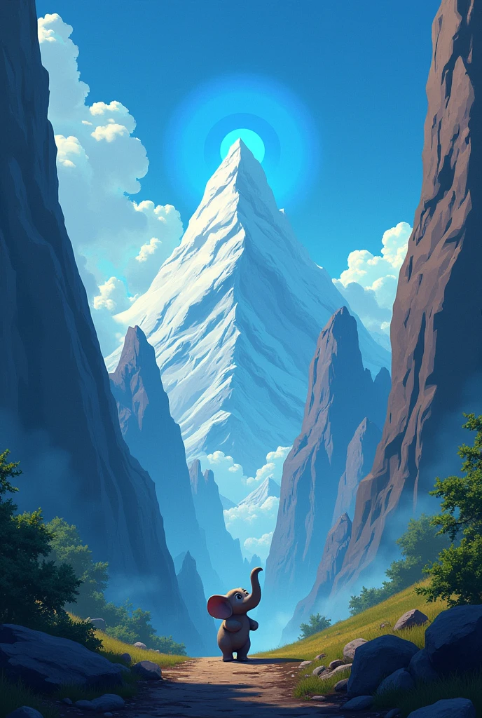 "Illustrate a dramatic scene where pipoca, the brave young elephant, shouts 'Echo!' with all his might, causing his voice to reverberate through the mountains. Capture the moment when the mountains respond with a deep roar, startling Pipoca, who takes a step back in surprise. The Echo Valley should feel vast and powerful, with the style emphasizing the unexpected and magical nature of the echo."