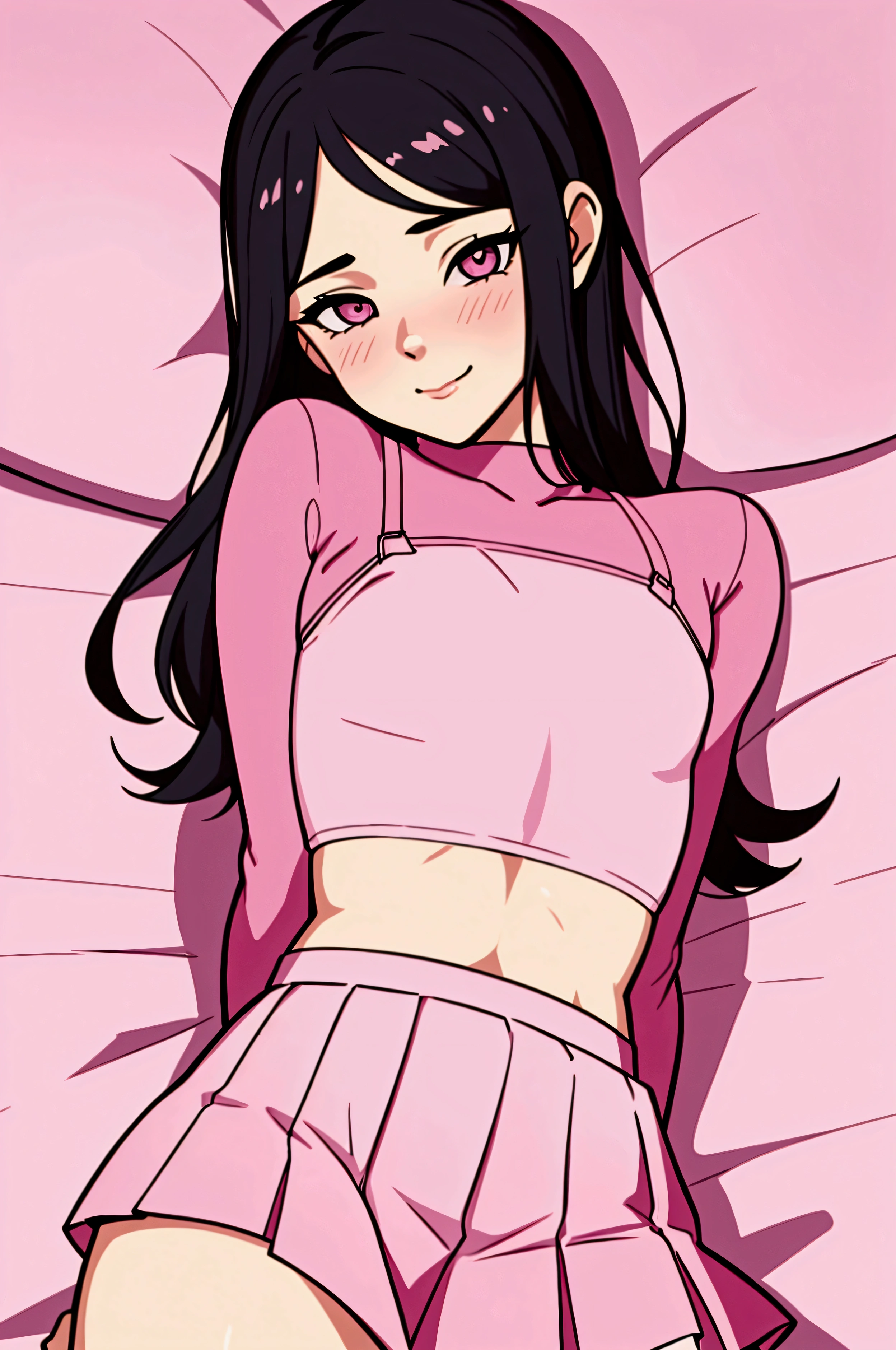 A cute age boy with a feminine appearance, dressed in a short skirt and a pink crop top that exposes his midriff, is lying face down on a bed. His head is turned towards the viewer, displaying a shy smile with a hint of blush on his cheeks. The art style is a blend of realistic textures and shading with the distinct features of anime, highlighting his large, expressive eyes and delicate features. This femboy's overall demeanor is both adorable and endearing.