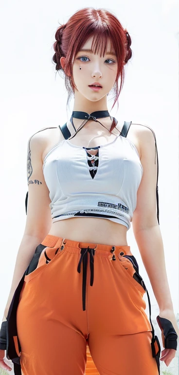 A cartoon image of a woman with red hair and a white shirt and blue eyes with piercings and tattoos on her arm, The character is in his natural pose., Hinata Hyuga, as an cartoon character, Natural posture, Hinata Hyuga from naruto, anime style character, clean and detailed anime style, cartoon character, manga character, female cartoon character, from naruto, Looking like Annie Leonhart, jisoo from blackpink, popular south korean makeup, quality detailed ,(beautiful makeup :1.2), wide hips, Big, Big ass, (best quality, 8k, masterpiece: 1.3), clear focus: 1.2, Perfect body beauty: 1.4, strong abs, Very detailed face and skin texture. , detailed eyes, double eyelids, (long hair), Having very marked curves, with greater volume in ((hips and breasts)), which makes the waist look much smaller ((wasp waist)).(masterpiece, top quality, Best Quality, official art, depth of field, Beauty: 1.2), pinnacle rendering, Realistic representation, (1 girl), extreme detail, showy, supreme detail, official art, 8k unified wallpaper