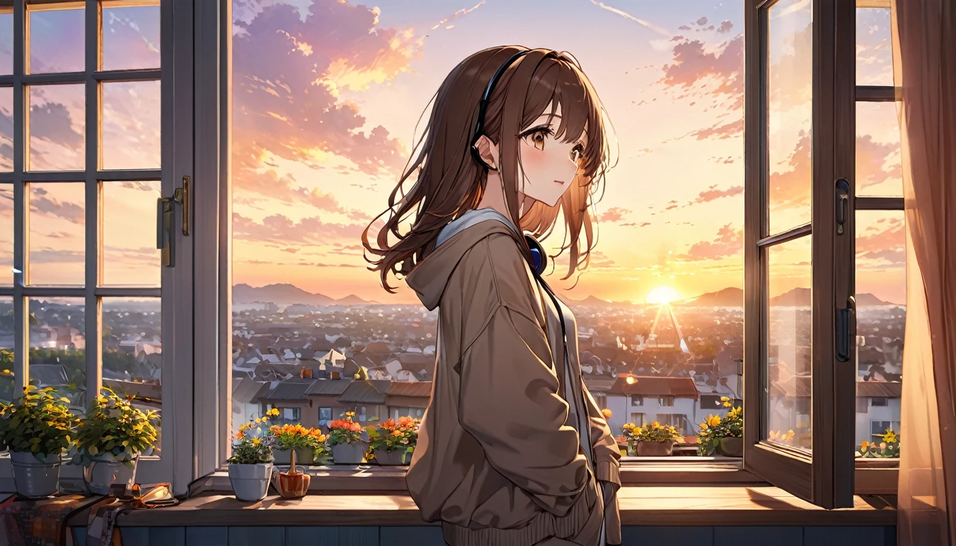 A 20-year-old girl with brown hair and headphones、Scene looking at the evening scenery。
background:Sunset sky seen from the window。
expression:リラックスしたexpression。
Costume:Casual clothing。
Pause:Standing on the windowsill、Looking out。
scene:Relieve the fatigue of the week、Enjoy a peaceful evening。
(Detailed fingers), (Emotional), (Breathtakingly beautiful), (whole body), (Anime Style), (Very detailed), (超High resolution, High resolution), (8k), (Complex and beautiful: 1.2)。