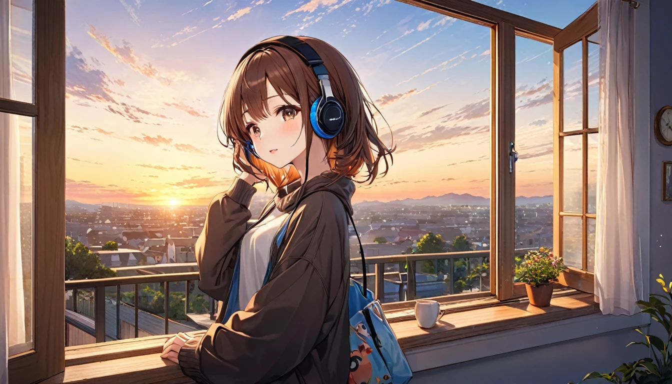 A 20-year-old girl with brown hair and headphones、Scene looking at the evening scenery。
background：Sunset sky seen from the window。
expression：リラックスしたexpression。
Costume：Casual clothing。
Pause：Standing on the windowsill、Looking out。
scene：Relieve the fatigue of the week、Enjoy a peaceful evening。
(Detailed fingers), (Emotional), (Breathtakingly beautiful), (whole body), (Anime Style), (Very detailed), (超High resolution, High resolution), (8k), (Complex and beautiful: 1.2)。
