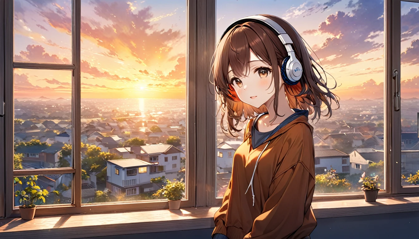 A 20-year-old girl with brown hair and headphones、Scene looking at the evening scenery。
background:Sunset sky seen from the window。
expression:リラックスしたexpression。
Costume:Casual clothing。
Pause:Standing on the windowsill、Looking out。
scene:Relieve the fatigue of the week、Enjoy a peaceful evening。
(Detailed fingers), (Emotional), (Breathtakingly beautiful), (whole body), (Anime Style), (Very detailed), (超High resolution, High resolution), (8k), (Complex and beautiful: 1.2)。
