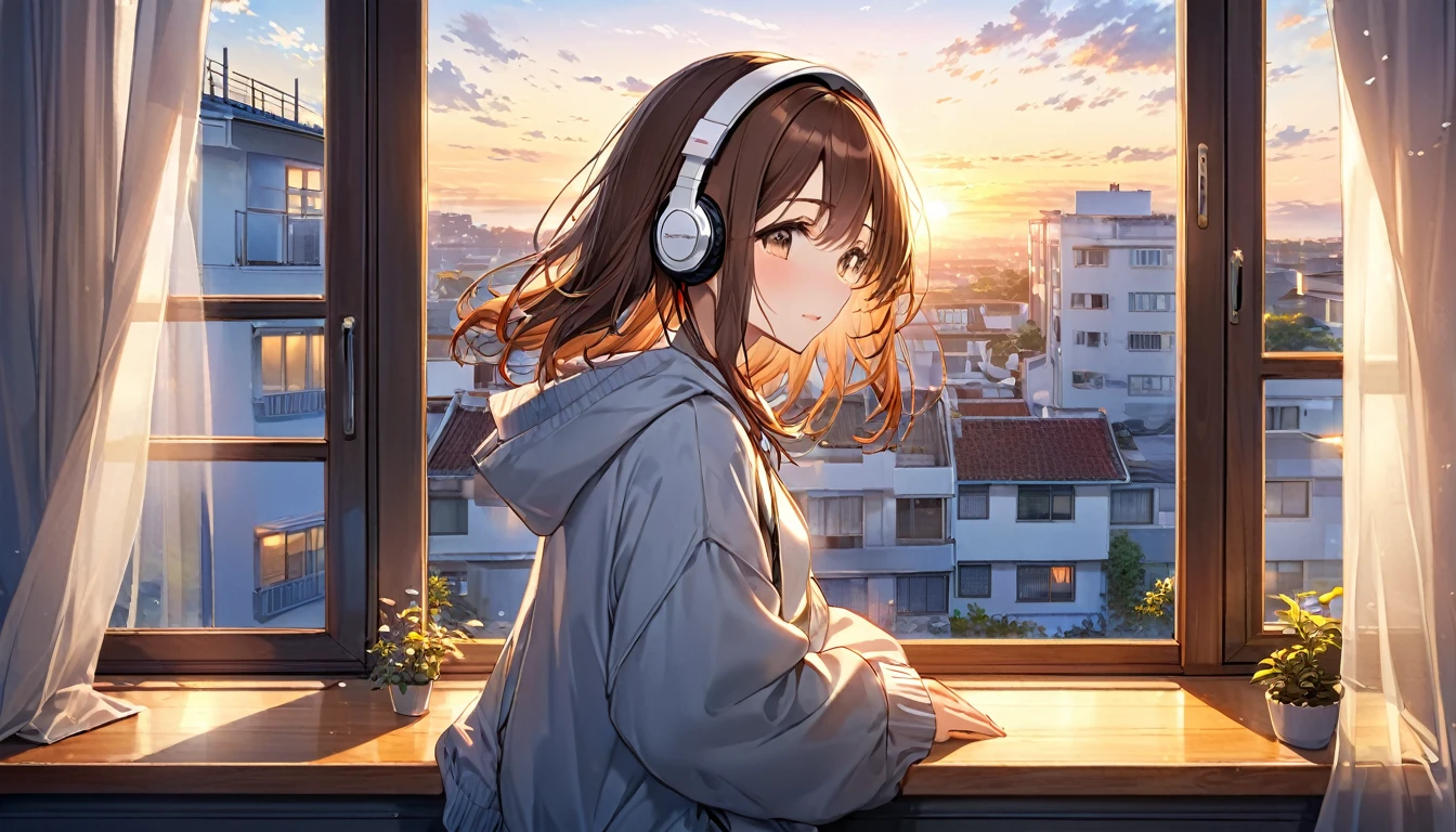A 20-year-old girl with brown hair and headphones、Scene looking at the evening scenery。
background：Sunset sky seen from the window。
expression：リラックスしたexpression。
Costume：Casual clothing。
Pause：Standing on the windowsill、Looking out。
scene：Relieve the fatigue of the week、Enjoy a peaceful evening。
(Detailed fingers), (Emotional), (Breathtakingly beautiful), (whole body), (Anime Style), (Very detailed), (超High resolution, High resolution), (8k), (Complex and beautiful: 1.2)。
