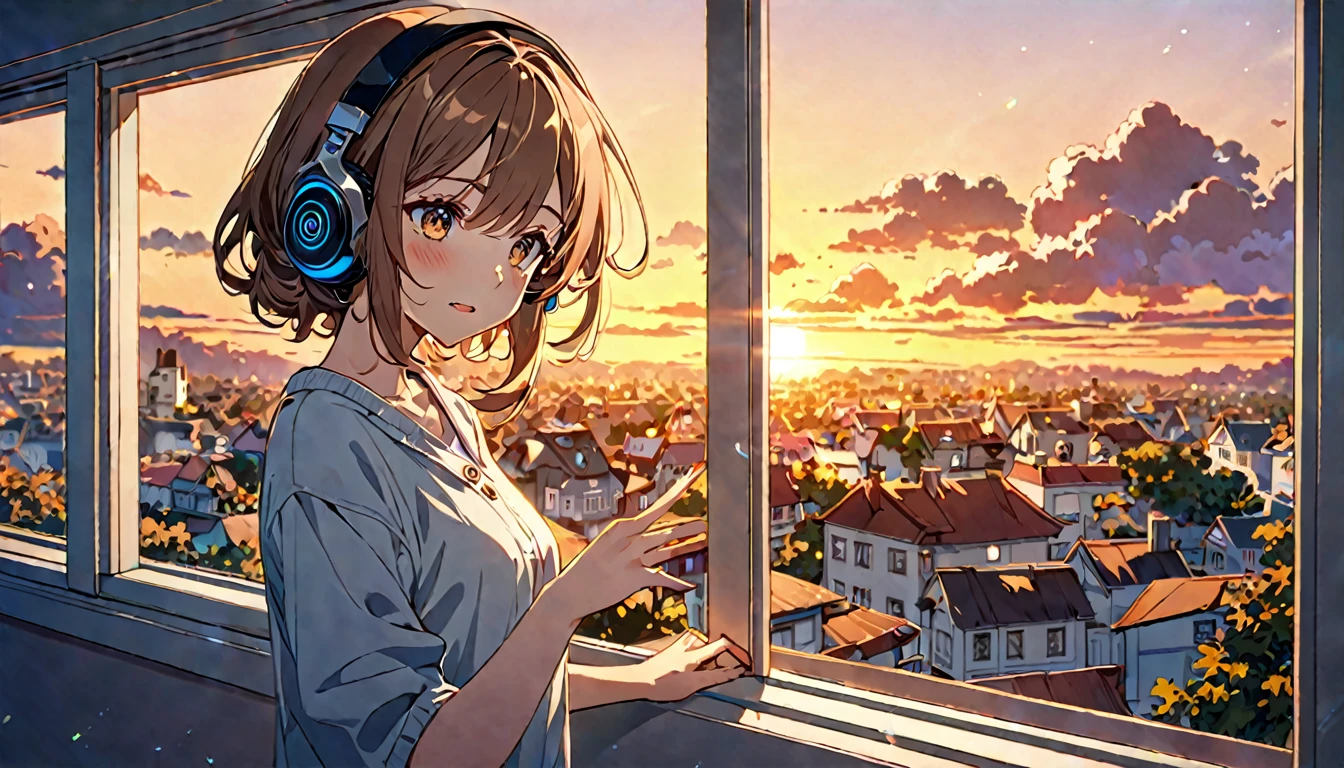 A 20-year-old girl with brown hair and headphones、Scene looking at the evening scenery。
background：Sunset sky seen from the window。
expression：リラックスしたexpression。
Costume：Casual clothing。
Pause：Standing on the windowsill、Looking out。
scene：Relieve the fatigue of the week、Enjoy a peaceful evening。
(Detailed fingers), (Emotional), (Breathtakingly beautiful), (whole body), (Anime Style), (Very detailed), (超High resolution, High resolution), (8k), (Complex and beautiful: 1.2)。
