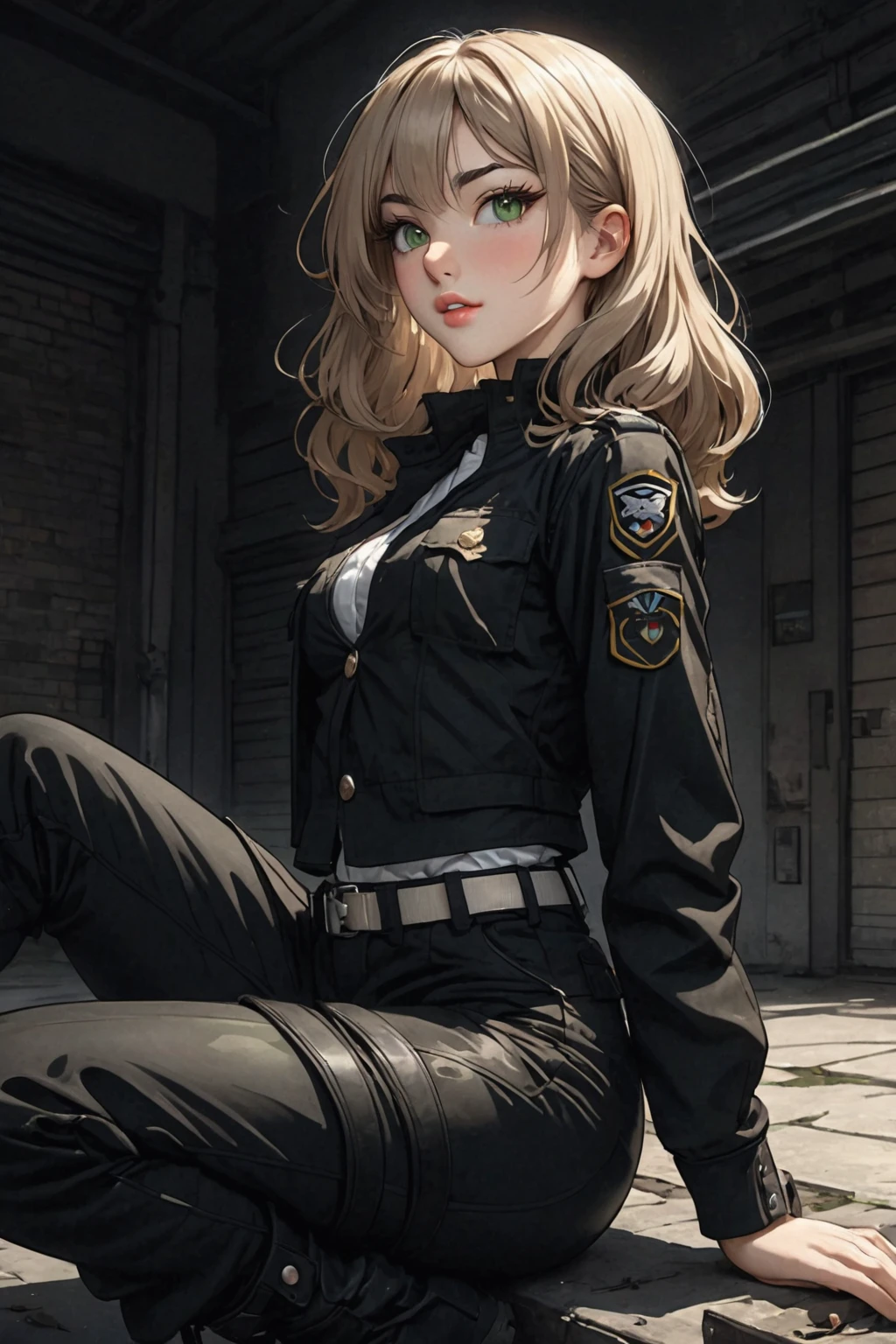 ((best quality)), ((artwork)), Sex/Gender=Female, Nationality= German
Ethnicity= White
Age= 24
Hair= Light brown, wavy, tousled, medium
Eyes= Almond-shaped, green, long eyelashes
Body= 5’1”, 155 cm small. Busty, , athletic and slim build
Face= Oval-shaped, thin brows, button nose and full lips
Features= Fair skin, mischievous and sloppy appearance
Outfit= Black tactical uniform. short jacket, white shirt, military pants, leather boots