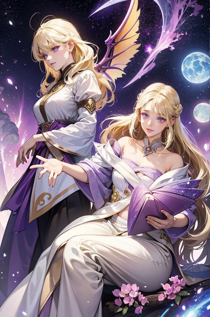 Digital art by IrinaKapi. Stardust and silver purple flower dragon and white sakura, fantastic galactic world, gas aura, galactic atmosphere, single female character, light blonde hair, radiance and shine of stars, luminescence, fairy-tale atmosphere, surrealism, abstraction, masterpiece, best quality. by Natalia Rak and Natalie Shaw. galactic atmosphere, female character, light blonde hair, purple eyes, dragon wings with starry pattern, magic, best quality