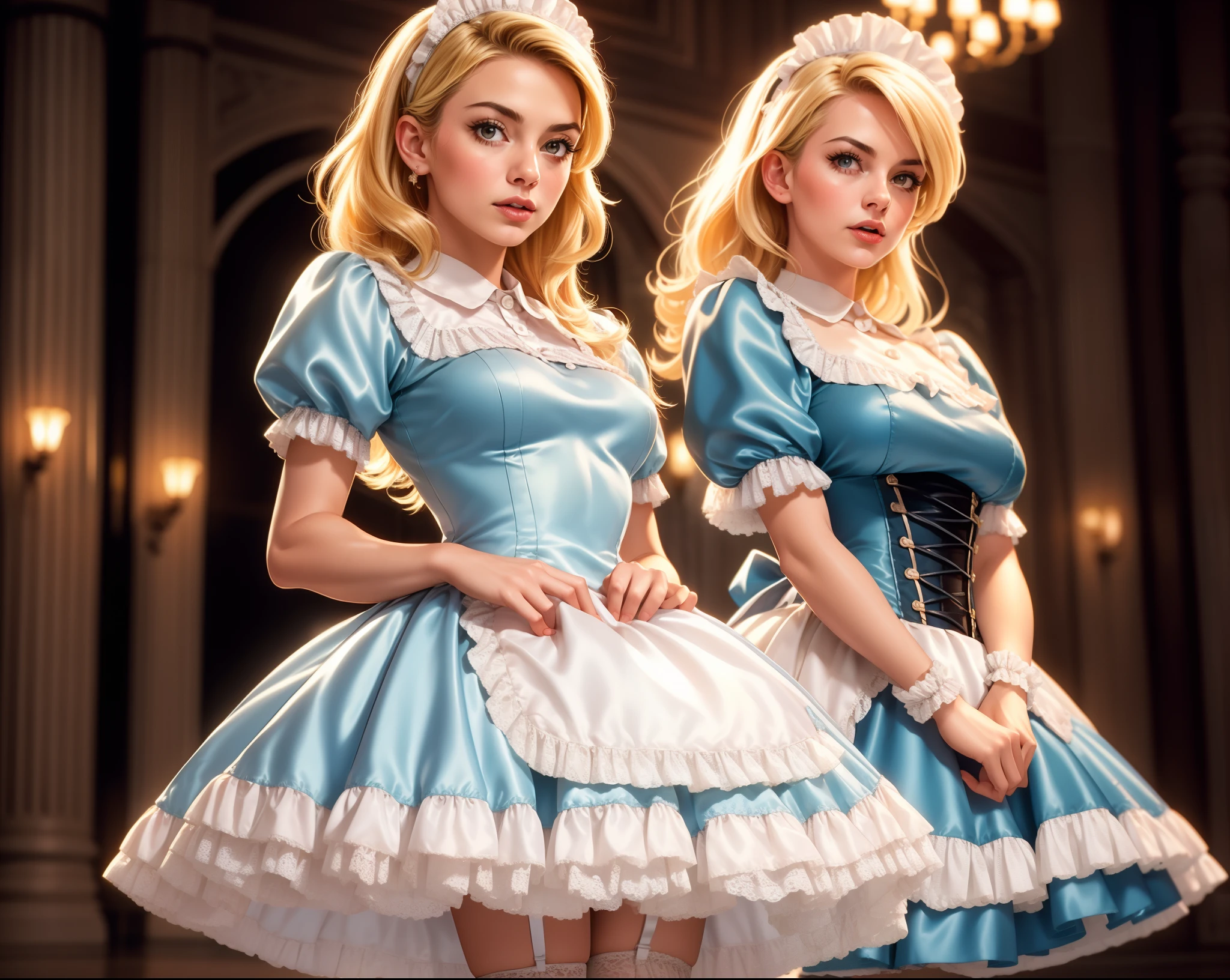 cinematic film still photogenic beautiful adult woman, solo,  blonde hair, age 30, mid shot, standing, grand hall, m4id, very wide short skirt, petticoat,( blue  satin dress), apron, frills, rim lighting, headpiece,  looking at viewer, thighhighs, corset . shallow depth of field, vignette, highly detailed, high budget, bokeh, cinemascope, moody, epic, gorgeous, film grain, grainy