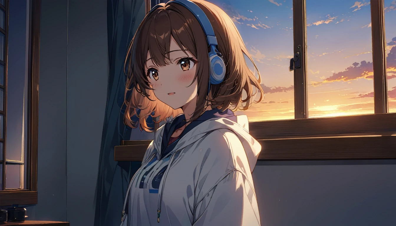 A 20-year-old girl with brown hair and headphones、Scene looking at the evening scenery。
background：Sunset sky seen from the window。
expression：リラックスしたexpression。
Costume：Casual clothing。
Pause：Standing on the windowsill、Looking out。
scene：Relieve the fatigue of the week、Enjoy a peaceful evening。
(Detailed fingers), (Emotional), (Breathtakingly beautiful), (whole body), (Anime Style), (Very detailed), (超High resolution, High resolution), (8k), (Complex and beautiful: 1.2)。
