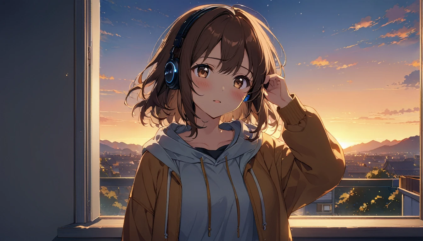 A 20-year-old girl with brown hair and headphones、Scene looking at the evening scenery。
background：Sunset sky seen from the window。
expression：リラックスしたexpression。
Costume：Casual clothing。
Pause：Standing on the windowsill、Looking out。
scene：Relieve the fatigue of the week、Enjoy a peaceful evening。
(Detailed fingers), (Emotional), (Breathtakingly beautiful), (whole body), (Anime Style), (Very detailed), (超High resolution, High resolution), (8k), (Complex and beautiful: 1.2)。

