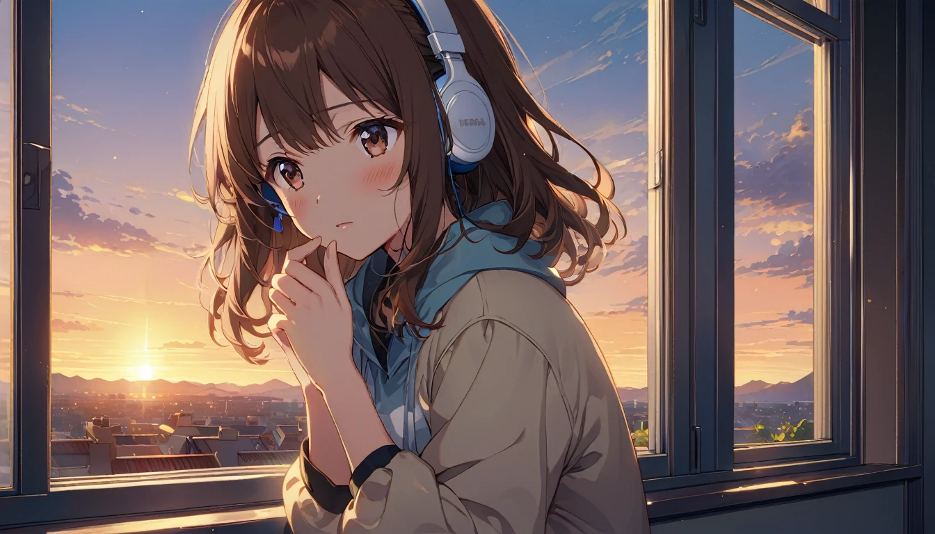 A 20-year-old girl with brown hair and headphones、Scene looking at the evening scenery。
background:Sunset sky seen from the window。
expression:リラックスしたexpression。
Costume:Casual clothing。
Pause:Standing on the windowsill、Looking out。
scene:Relieve the fatigue of the week、Enjoy a peaceful evening。
(Detailed fingers), (Emotional), (Breathtakingly beautiful), (whole body), (Anime Style), (Very detailed), (超High resolution, High resolution), (8k), (Complex and beautiful: 1.2)。