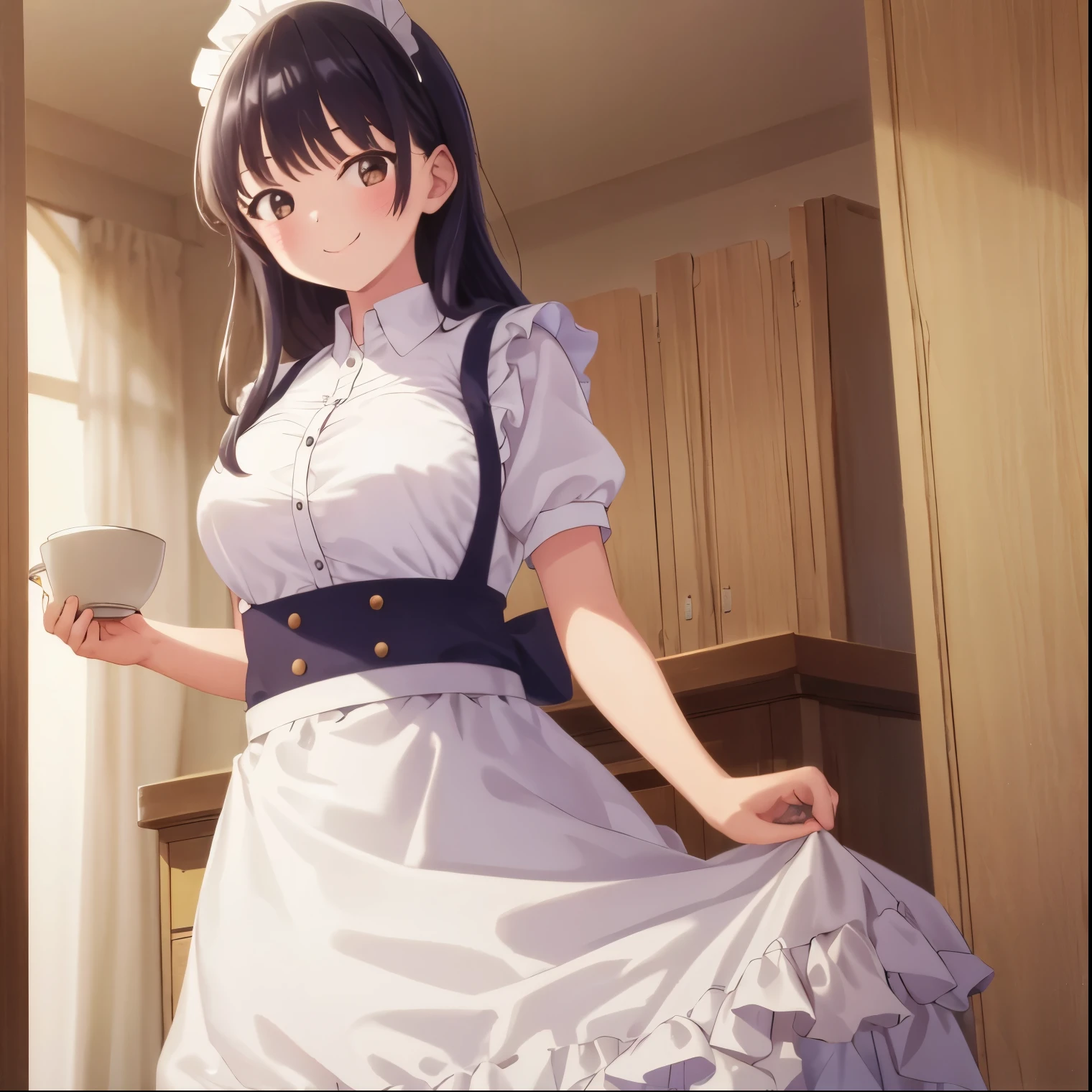 1girl, alone, Anna Yamada,masterpiece,best quality,highres,ultra-detailed,anna,long hair,bangs,large indoors,cafe,maid,maid headdress,apron,(skirt hold:1.2),standing,cowboy shot,smile, perfect hands, perfect anatomy 