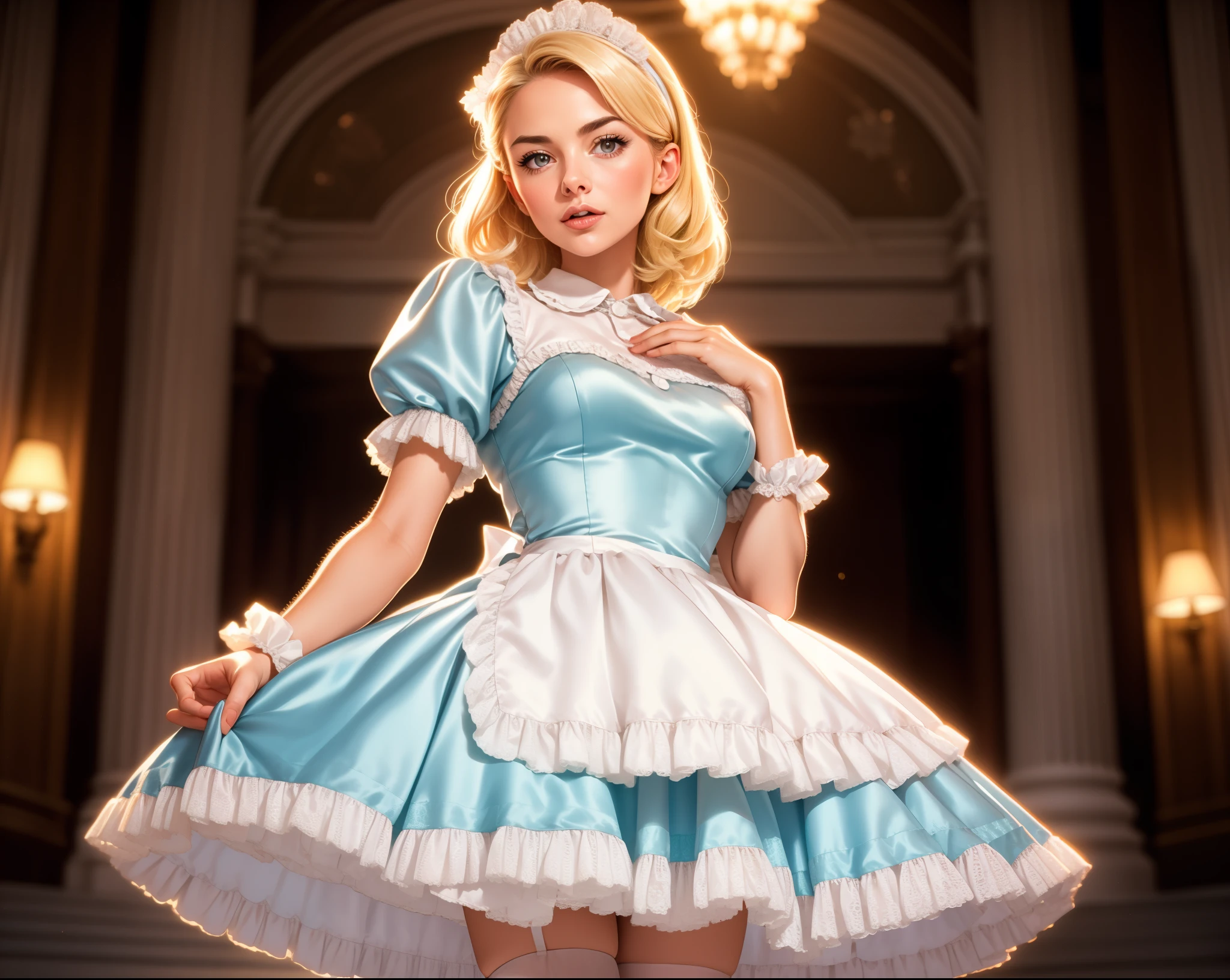 cinematic film still photogenic beautiful adult woman, solo,  blonde hair, age 30, mid shot, standing, grand hall, m4id, very wide short skirt, petticoat,( blue  satin dress), apron, frills, rim lighting, headpiece,  looking at viewer, thighhighs, corset . shallow depth of field, vignette, highly detailed, high budget, bokeh, cinemascope, moody, epic, gorgeous, film grain, grainy