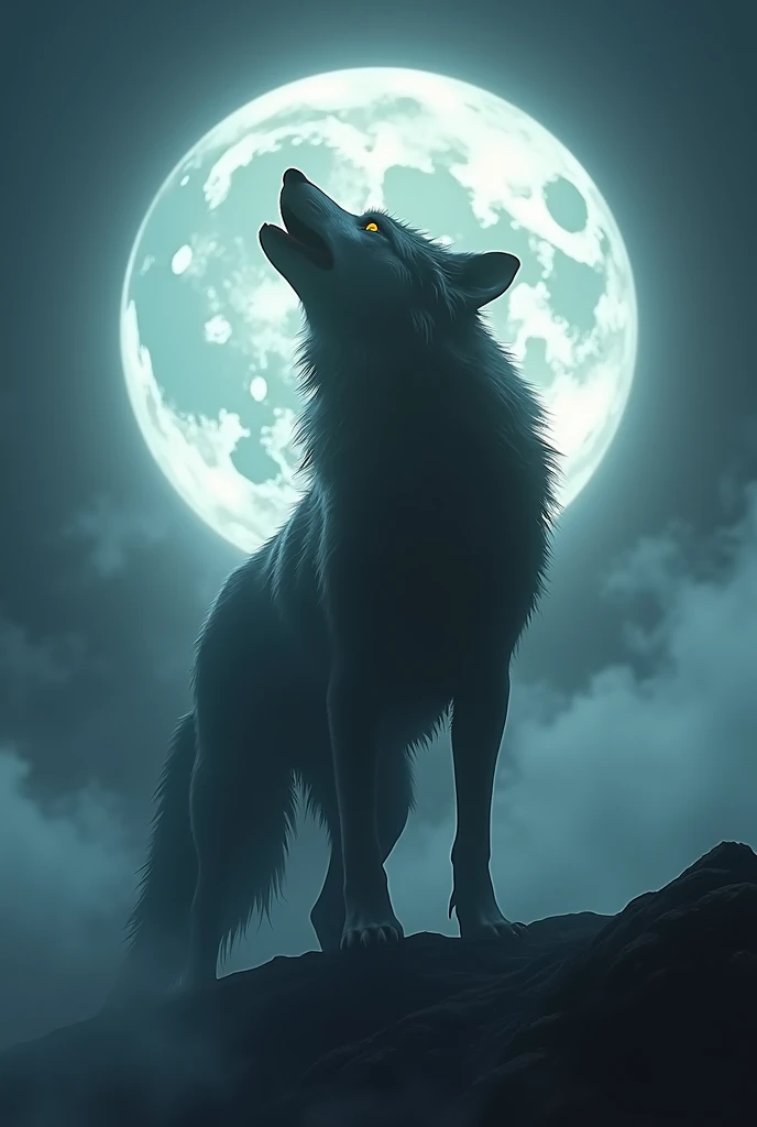 Create a realistic image of a wolf howling at the moon and that fog is reflected within that image