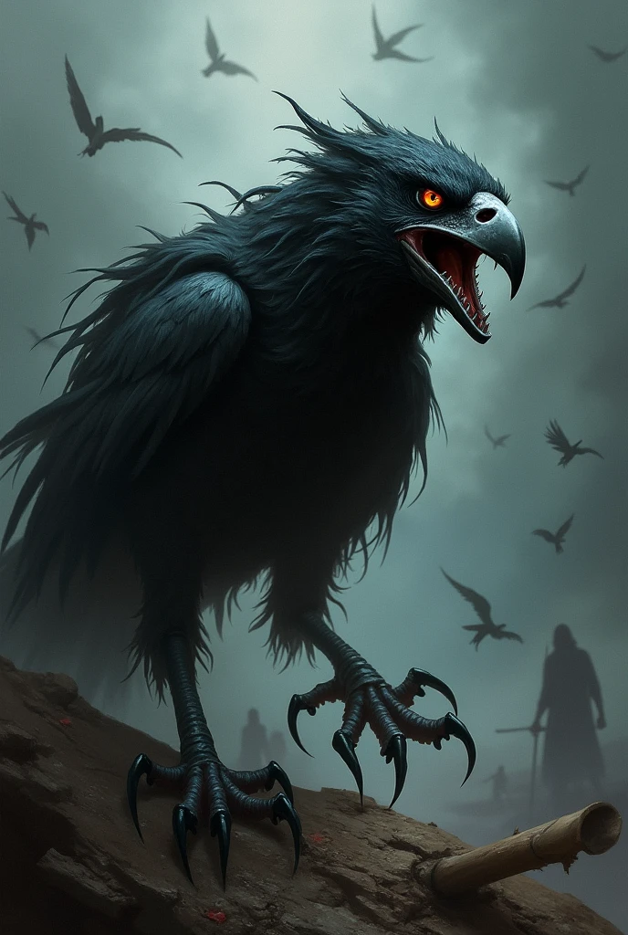 Create an image of a threatening and murderous looking bird that wants revenge against humanity and causes fear in people.