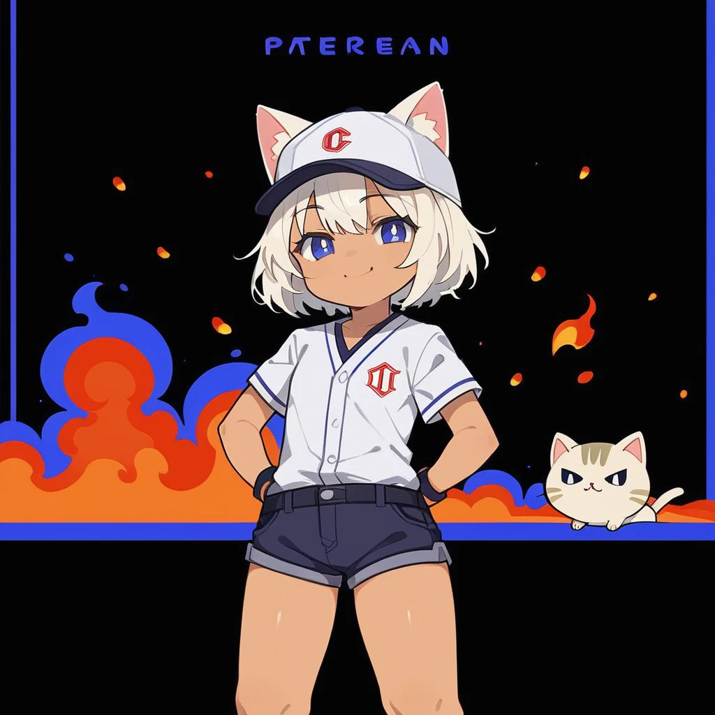 source_anime, score_9, score_8_up, BREAK chibi 1girl, fire background, cat ears, baseball hat, shirt, shorts, smile