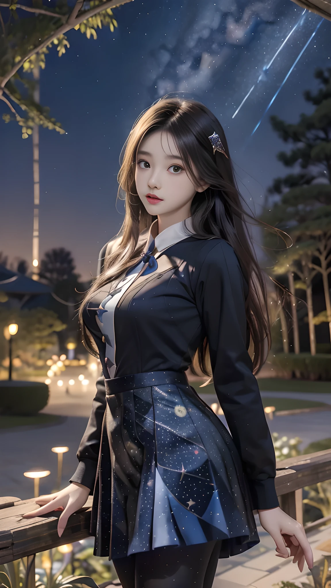 ulzzang-6500-v1.1, (RAW photo: 1.2), (Real photo), (Real photo: 1.4), 1 girl、Perfect anatomy、19 years old、Looking at the camera、Medium length hair、uniform dress, skirt, in a surreal royal garden, under the starry night, ((starry night: 1.1))、(Surreal tights: 1.2), (Business service)、Asian eyes Ella,
