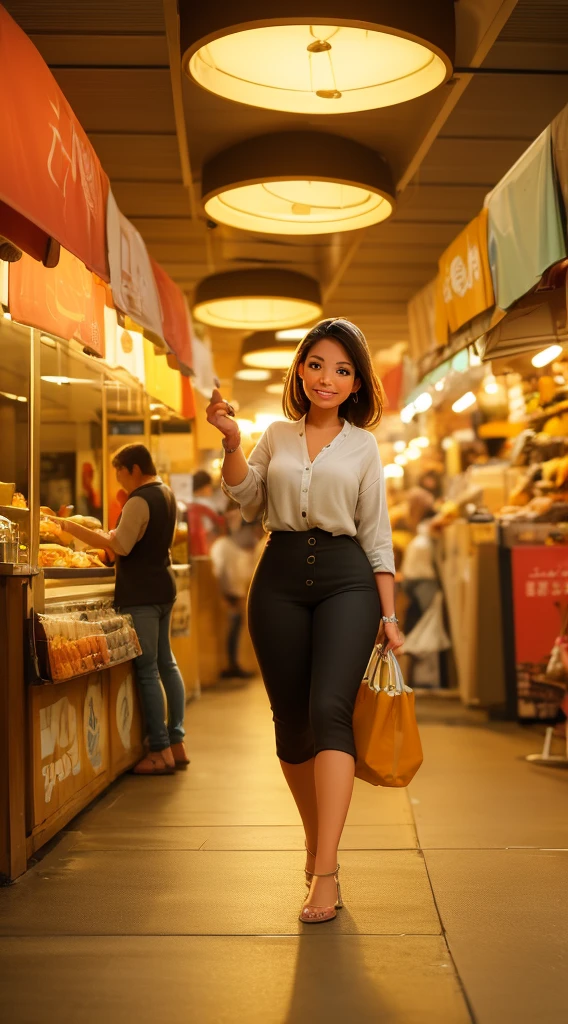 a lively night market, woman in casual clothes carrying snacks, happy joyful smiling face, (best quality,4k,8k,highres,masterpiece:1.2),ultra-detailed,(realistic,photorealistic,photo-realistic:1.37),hyperrealistic, dynamic lighting, vibrant colors, warm tones, street food vendor, crowded scene, bustling atmosphere, lanterns hanging overhead, neon signs, stalls selling various goods, people walking around, rich textures, detailed crowd, intricate details, cinematic composition, natural poses, environmental storytelling