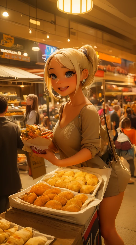 a lively night market, woman in casual clothes carrying snacks, happy joyful smiling face, (best quality,4k,8k,highres,masterpiece:1.2),ultra-detailed,(realistic,photorealistic,photo-realistic:1.37),hyperrealistic, dynamic lighting, vibrant colors, warm tones, street food vendor, crowded scene, bustling atmosphere, lanterns hanging overhead, neon signs, stalls selling various goods, people walking around, rich textures, detailed crowd, intricate details, cinematic composition, natural poses, environmental storytelling