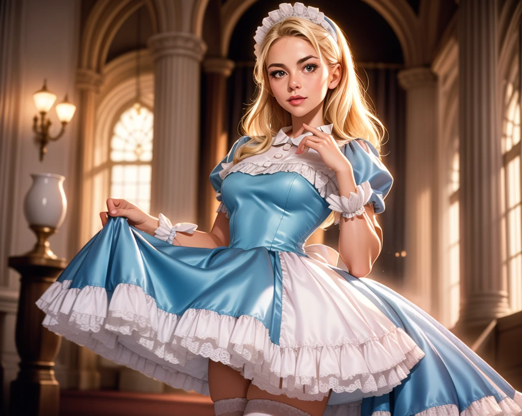 cinematic film still photogenic beautiful adult woman, solo, blonde hair, age 30, mid shot, standing, grand hall, m4id, very wide short skirt, petticoat,( blue satin dress), apron, frills, rim lighting, headpiece, looking at viewer, thighhighs, corset . shallow depth of field, vignette, highly detailed, high budget, bokeh, cinemascope, moody, epic, gorgeous, film grain, grainy