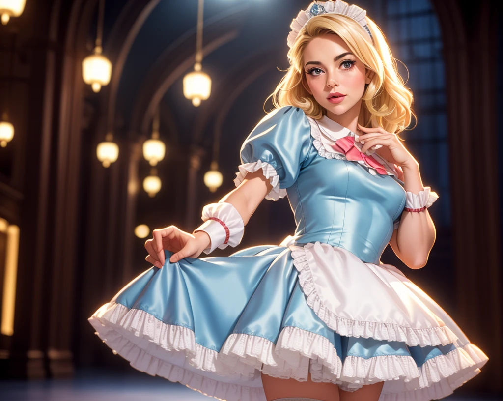 cinematic film still photogenic beautiful adult woman, solo,  blonde hair, age 30, mid shot, standing, grand hall, m4id, very wide short skirt, petticoat,( blue  satin dress), apron, frills, rim lighting, headpiece,  looking at viewer, thighhighs, corset . shallow depth of field, vignette, highly detailed, high budget, bokeh, cinemascope, moody, epic, gorgeous, film grain, grainy