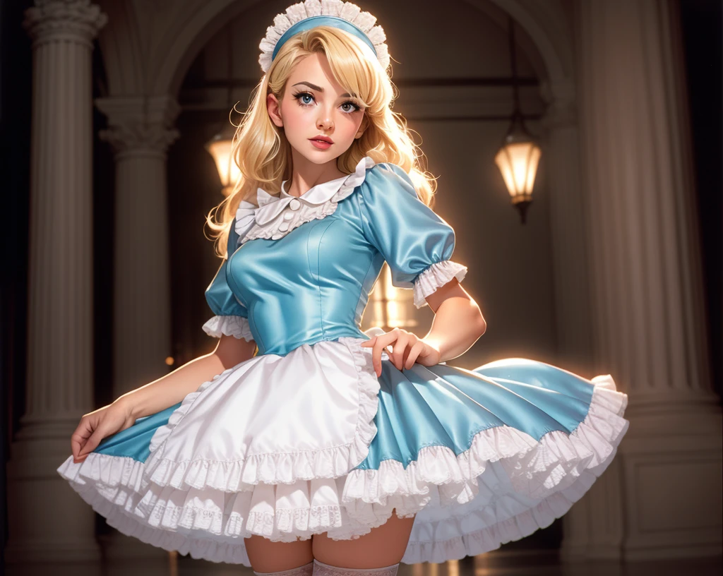 cinematic film still photogenic beautiful adult woman, solo,  blonde hair, age 30, mid shot, standing, grand hall, m4id, very wide short skirt, petticoat,( blue  satin dress), apron, frills, rim lighting, headpiece,  looking at viewer, thighhighs, corset . shallow depth of field, vignette, highly detailed, high budget, bokeh, cinemascope, moody, epic, gorgeous, film grain, grainy