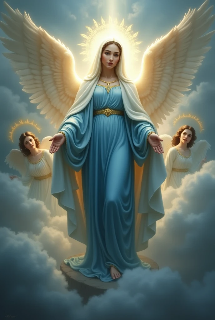 The Virgin Mary stands in her blue dress and white veil in the middle of the sky, the sunlight is dim in the clouds, and angels are all around her. She looks forward, her hand extended down, wearing a blue veil like her clothes.