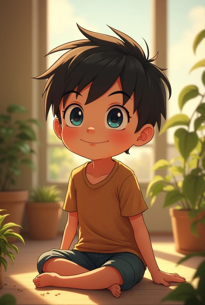 young boy in his s was sitting cheerfully. He had short black hair with cute features. His blue eyes were scanning every