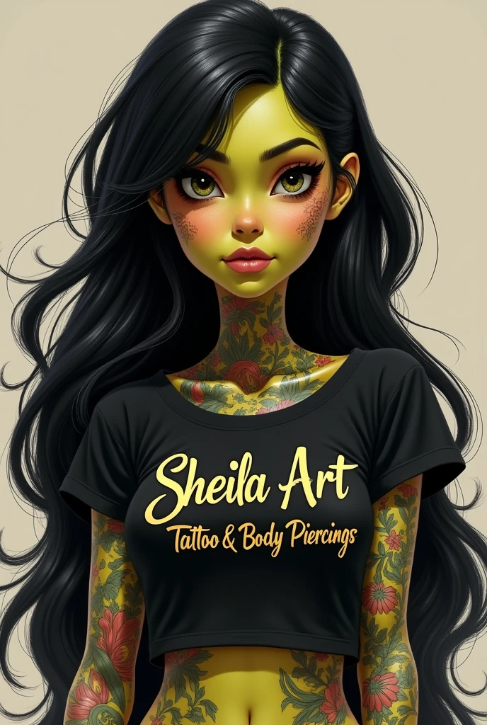 Disney Fiona drawing with black hair with tattoos on her body wearing a black t-shirt with golden writing saying sheila art tattoo & Body Piercings