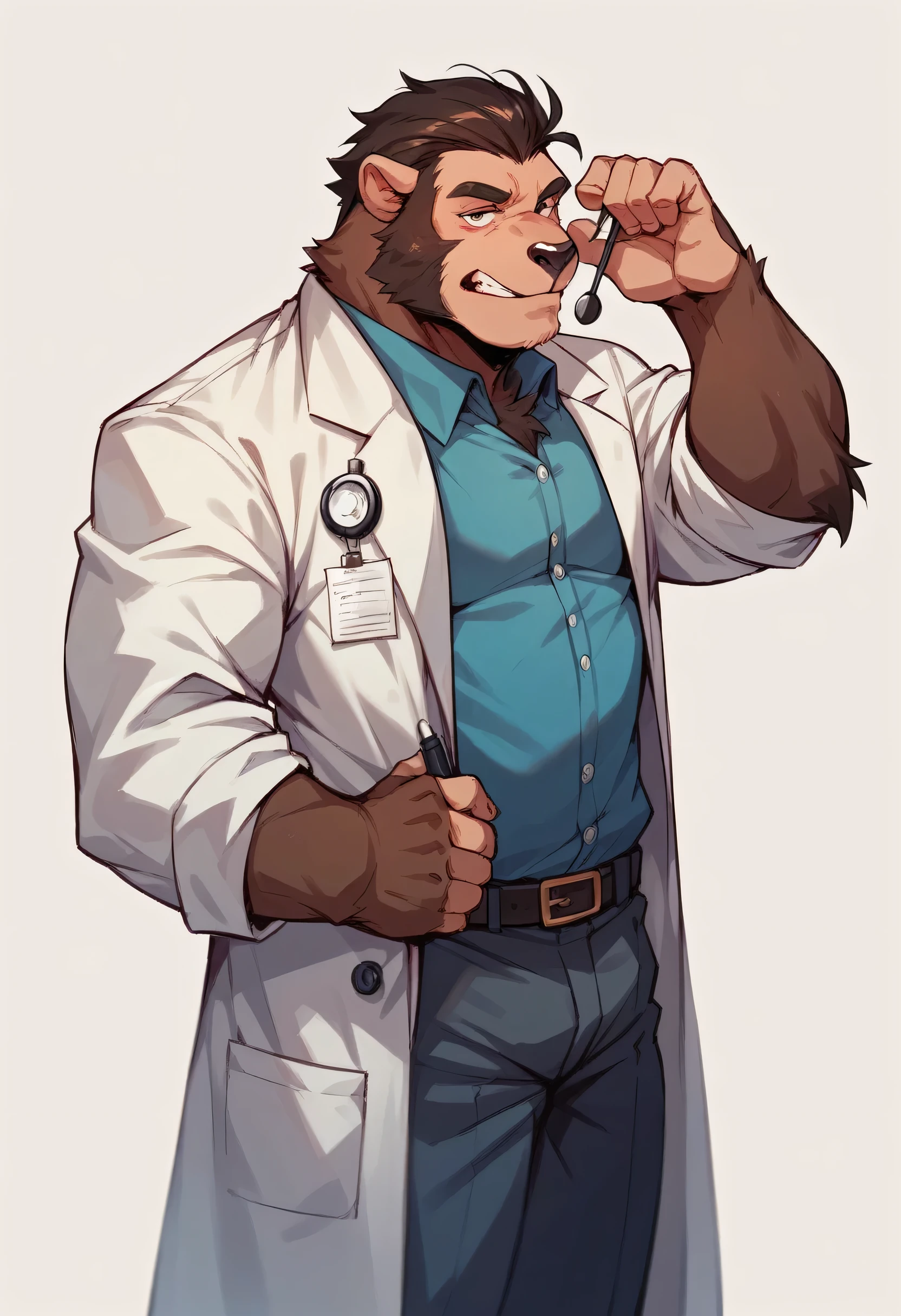 Mature black anthropomorphic ape, with doctor&#39;s coat and glasses