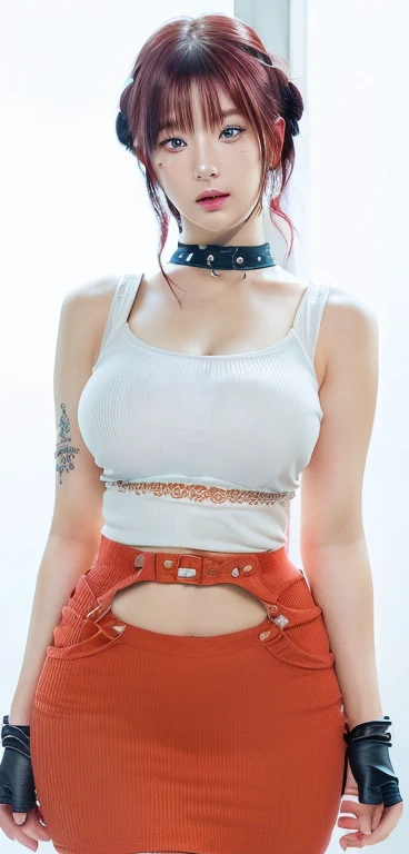 A cartoon image of a woman with red hair and a white shirt and blue eyes with piercings and tattoos on her arm, The character is in his natural pose., Hinata Hyuga, as an cartoon character, Natural posture, Hinata Hyuga from naruto, anime style character, clean and detailed anime style, cartoon character, manga character, female cartoon character, from naruto, Looking like Annie Leonhart, jisoo from blackpink, popular south korean makeup, quality detailed ,(beautiful makeup :1.2), wide hips, Big, Big ass, (best quality, 8k, masterpiece: 1.3), clear focus: 1.2, Perfect body beauty: 1.4, strong abs, Very detailed face and skin texture. , detailed eyes, double eyelids, (long hair), Having very marked curves, with greater volume in ((hips and breasts)), which makes the waist look much smaller ((wasp waist)).(masterpiece, top quality, Best Quality, official art, depth of field, Beauty: 1.2), pinnacle rendering, Realistic representation, (1 girl), extreme detail, showy, supreme detail, official art, 8k unified wallpaper